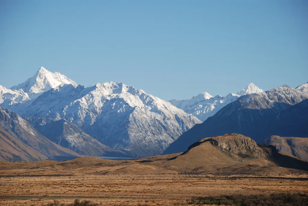 Mount Sunday rising from the Rangitata Valley — the Lord of the Rings filming location for Edoras, capital of Rohan, in Canterbury New Zealand