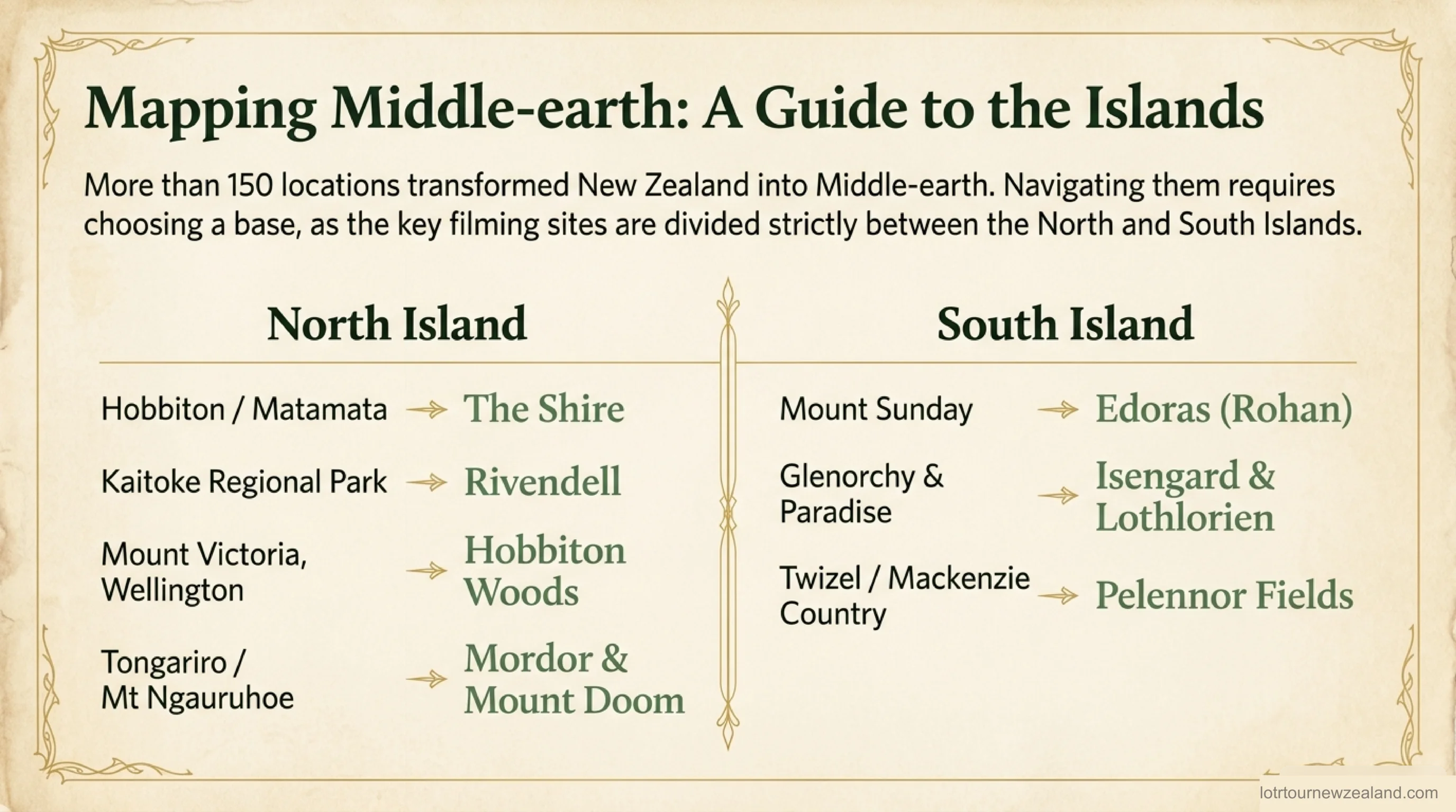 Lord of the Rings NZ filming locations by island: North (Hobbiton=Shire, Kaitoke=Rivendell, Mount Victoria=Hobbiton Woods, Tongariro=Mordor) and South (Mount Sunday=Edoras, Glenorchy/Paradise=Isengard/Lothlorien, Twizel=Pelennor Fields)